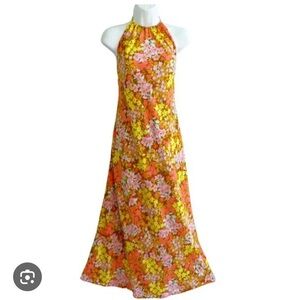 Billabong Maxi Floral Halter Dress Retro Yellow Moss Tie Back Cutout No Slit M